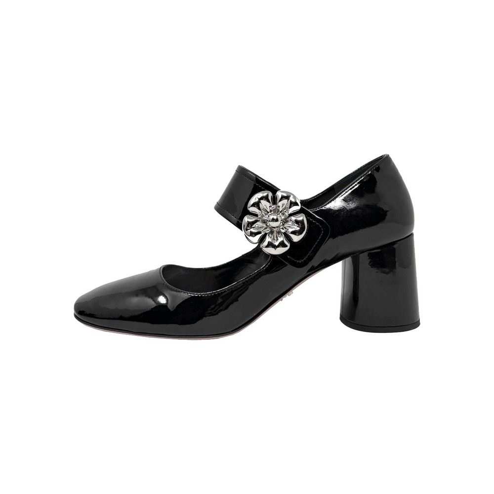 Prada Black Patent Mary Jane‎ Heels Silver Buckle Block Pumps 38.5